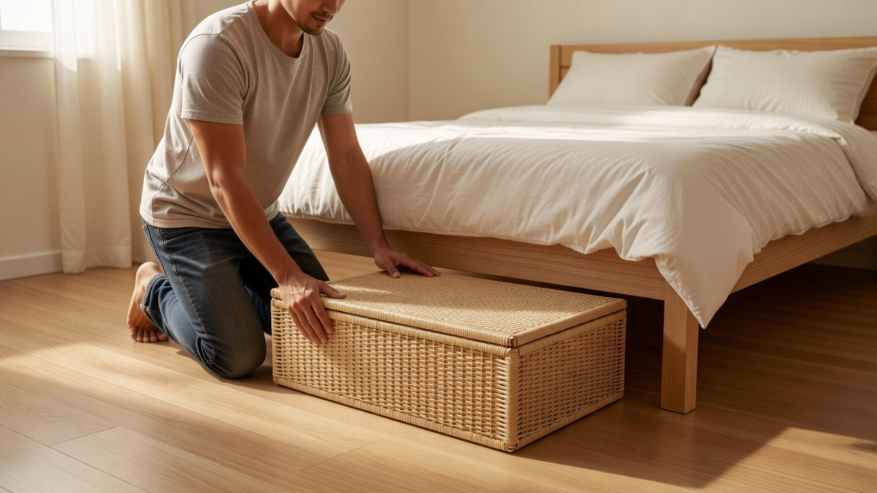 Person sliding a low storage box beneath a bed in a small naturally lit bedroom