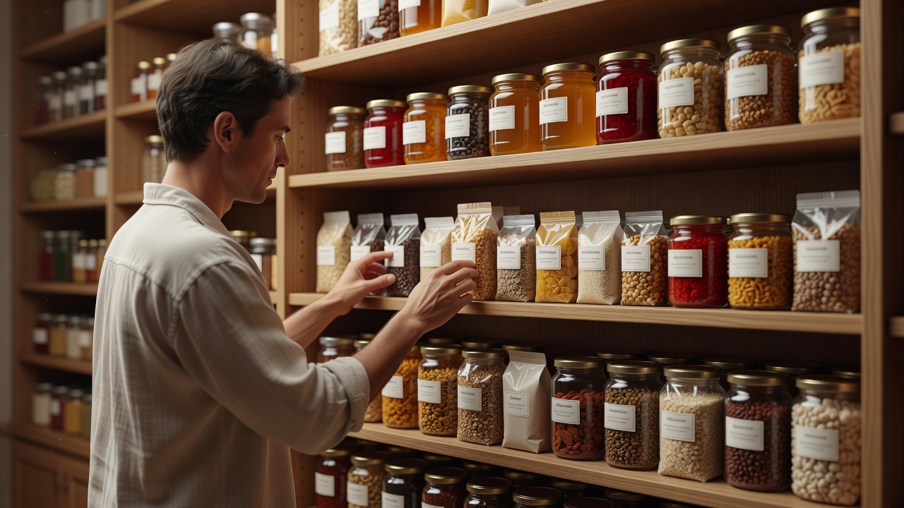 Person grouping food packets and jars on pantry shelves with labels facing forward