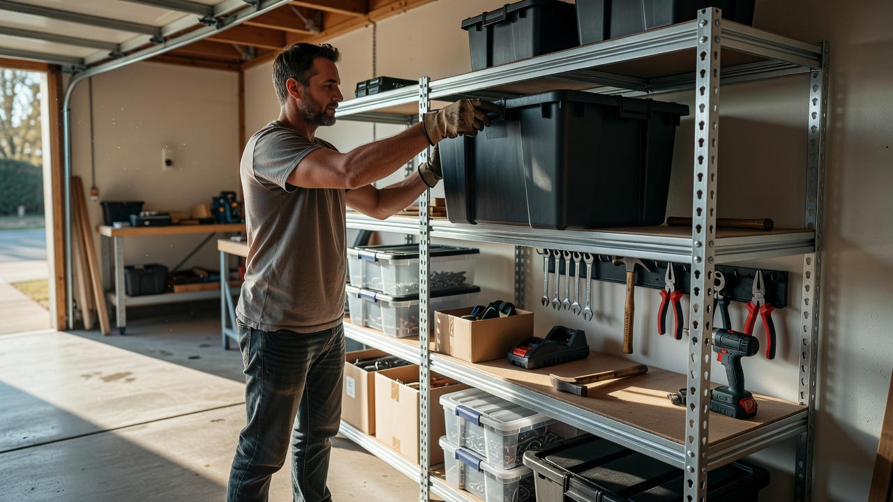 Person organizing tools and storage totes on a modular garage rack in daylight