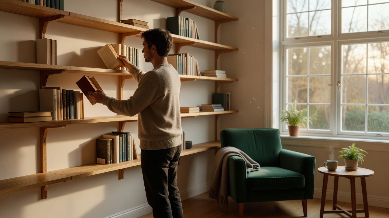 Person placing a book on open wall shelves beside a naturally lit reading corner